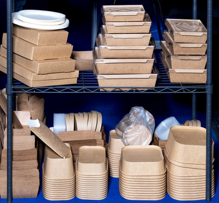 Various eco-friendly food containers and utensils are arranged meticulously on black shelves, showcasing a commitment to sustainability and convenient meal service.の写真素材