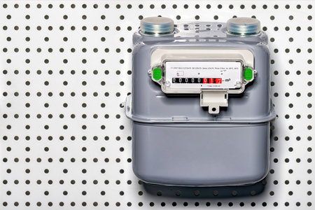 A sleek gas meter is prominently displayed on a dotted white surface, demonstrating modern technology. This device tracks gas usage, highlighting functionality and design in an urban environment.の写真素材