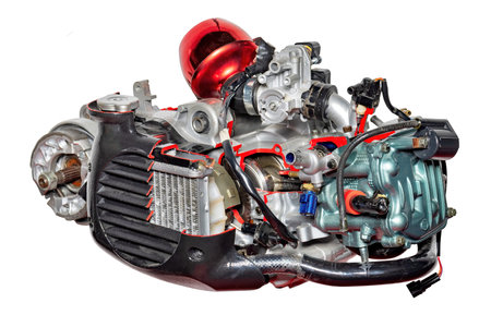 This striking portrayal presents a detailed view of a high-performance engine, highlighting its complex components and meticulous engineering.の写真素材