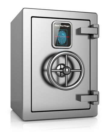 metal safe with a scanner for fingerprint isolated on a white backgroundの写真素材