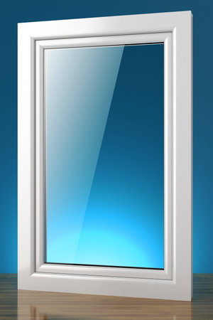 white plastic window on a blue background and a wooden planeの写真素材