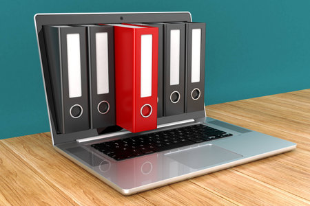 concept notebook with folders on a wooden table 3dの写真素材