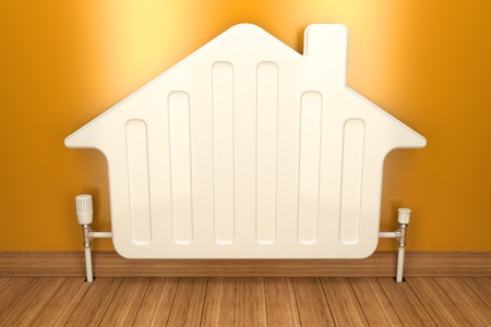 Heater radiator on yellow wall in house. 3d imageの写真素材
