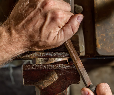 Men's hands process the part in the grip. Working with a file in the workshop. Details and tools in...