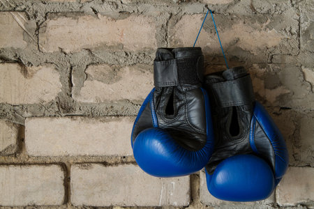 Blue boxing gloves hang from a brick wall.