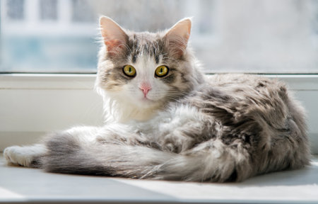 The fluffy cat lies on the windowsill and looks into the camera. A young cat with yellow eyes.の写真素材