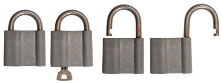 A set of images of a padlock. Metal lock on a white background.