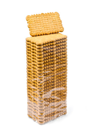 Packaging of biscuits on a white background. Cookies in clear plastic packaging.の写真素材