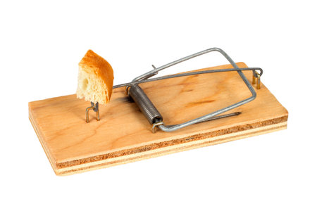 Mousetrap on a white background. A charged wooden mousetrap close-up.
