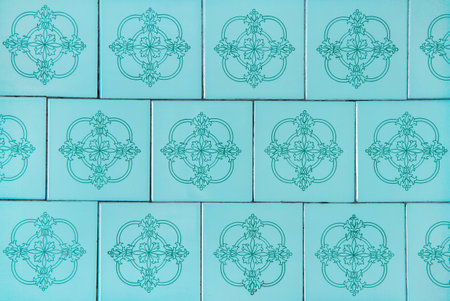 Old tile with ornament. Texture of old tiles. Ceramic tiles in blue tones.の写真素材