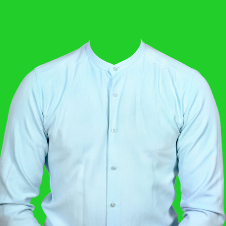 Light men's shirt with a blue tint. Shirt without collar. Clothes for photomontage on a green background.の写真素材