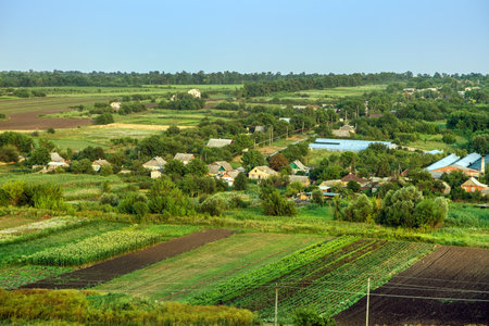 The panorama of the Ukrainian village is taken from a high point. In the foreground are cultivated plots of land. Then the streets with private houses and gardens.の写真素材