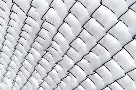 Rabitz mesh covered with snow. Background texture in light colors.の写真素材