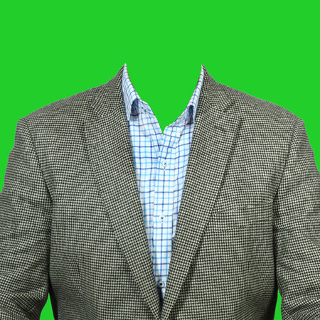 A gray men's suit with a blue plaid shirt. Clothes for photomontage on a green background.の写真素材