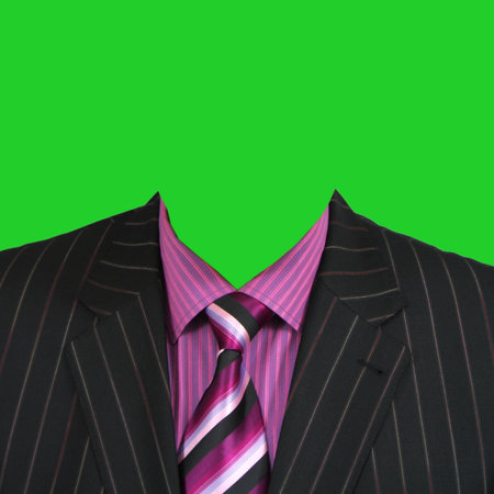 Men's striped suit with pink shirt and tie. Clothing is isolated. Costume for photomontage.の写真素材