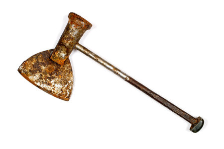 An old rusty hatchet on a white background. An antique iron axe.