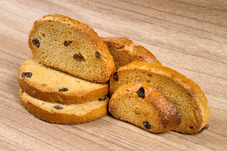 A bunch of sweet crackers with raisins. Tough sweet crackers with raisins.