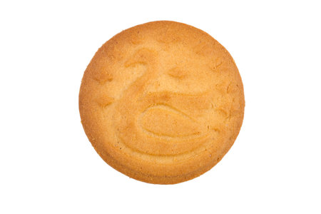 Round biscuits with the image of a swan on a white background. Biscuits isolated on a white background.の写真素材