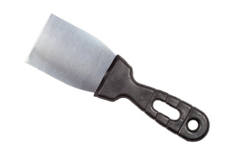 Construction spatula on a white background. Spatula with black plastic handle.の写真素材