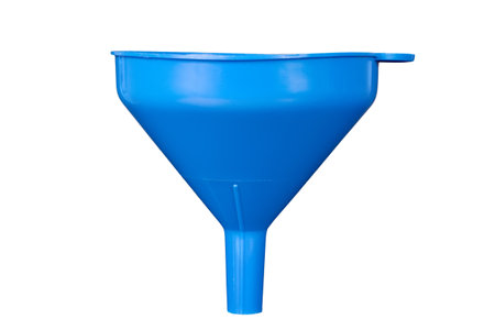 Blue plastic water funnel on white background. bottle filling funnel.の写真素材