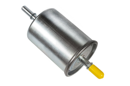 fuel filter. Metal fuel filter on a white background. Spare part for car maintenance isolated on white background.の写真素材