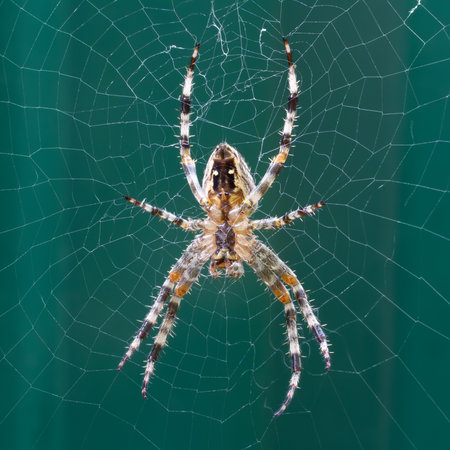 Spider on the web close-up. Insect spider on a green background.の写真素材