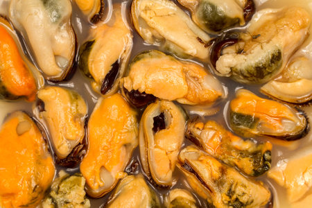 Mussels in brine. Mussel meat. Seafood close-up.の写真素材