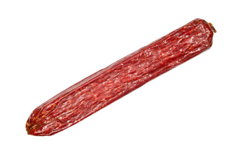 Raw smoked sausage on a white background. Smoked sausage close-up.の写真素材