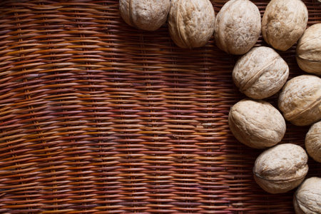 Walnuts on an organic background. Nuts with free space.の写真素材