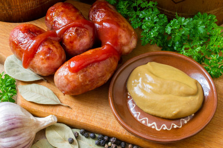 Fried sausages with mustard and ketchup. Sausages on a wooden cutting board with parsley, bay leaves, garlic and peppercorns.の写真素材