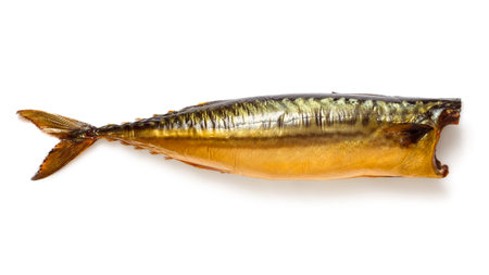 Smoked mackerel fish on white background. Mackerel isolated.の写真素材