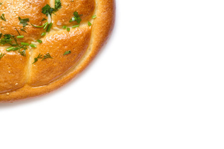 Part of a homemade salty pie on a white background. Top view. Copy space. Fresh natural baked goods...