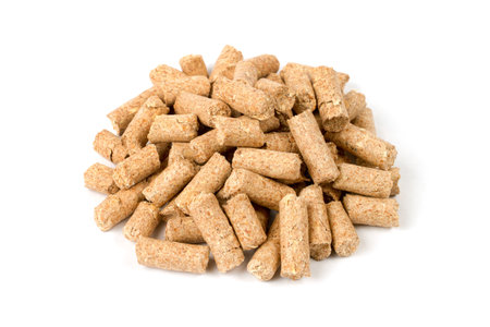 Cat litter isolated on white background. Close-up of filler granules.