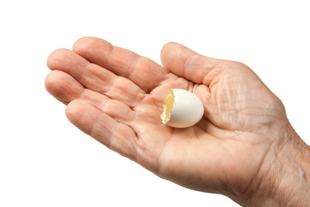 A woman's palm with an eggshell on a white background. Bird eggshell. Hatched chick.の写真素材