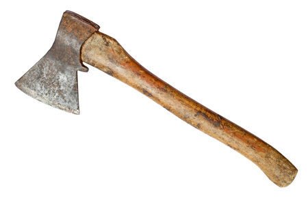 An old ax isolated on a white background. An ax of a classic shape with a wooden handle.の写真素材