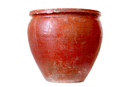 Antique ceramic pot isolated on white background. A large clay pot close-up.の写真素材