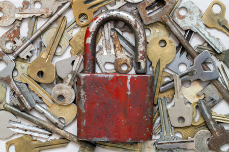 An old padlock against the background of old keys. Lots of metal keys and padlock.