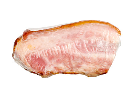 Smoked bacon with meat in vacuum packaging. A package of smoked bacon is isolated on a white background.の写真素材
