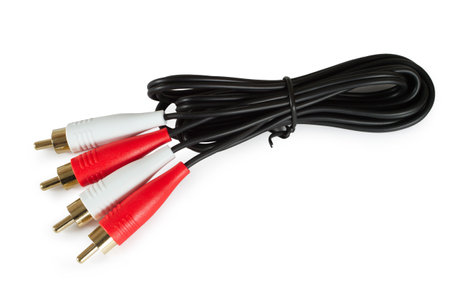 Cable with RCA plugs on a white background. Cable for connecting audio devices.の写真素材