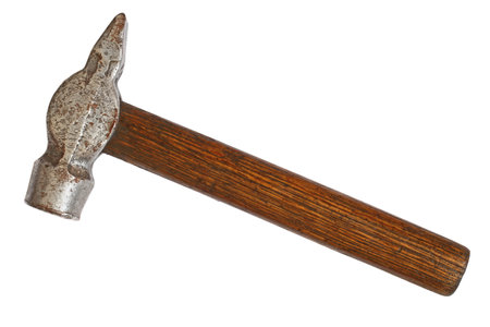 Old classic hammer with wooden handle isolated on white background. One hammer close-up.の写真素材