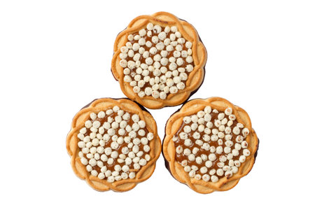 Three round cookies with filling on a white background. Cookies with waffle filling.の写真素材