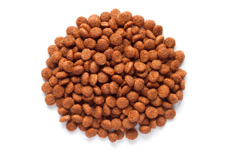 Pile of dry pelleted pet food isolated on white background.