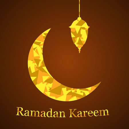 Ramadan Kareem greeting background islamic symbol crescent with arabic pattern - line calligraphy and lantern. Vector moon with a lantern.のイラスト素材