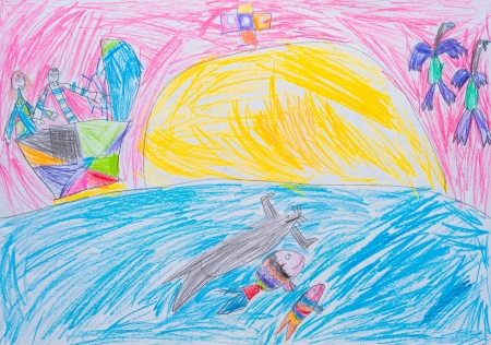  Children s drawing, sunset at seaの写真素材