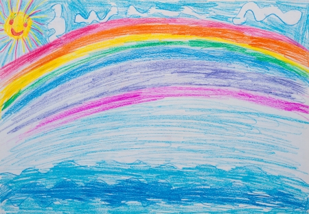  Children s drawing rainbow on seaの写真素材