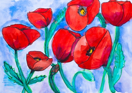 Children s drawing watercolor poppiesの写真素材