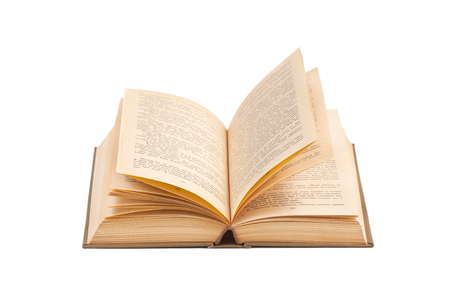 Open old book isolated on white backgroundの写真素材