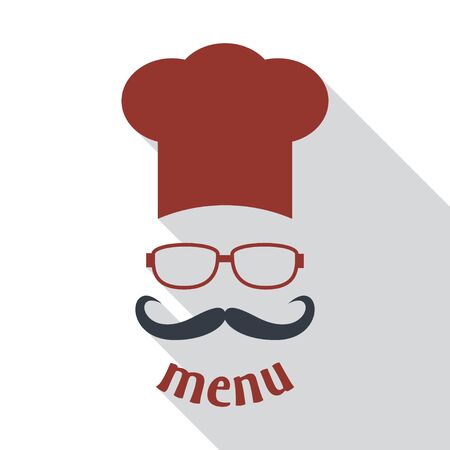 Hipster chef  hat with mustache and glasses. Foods Service icon. Menu card with long shadow.  Simple flat vector illustrationのイラスト素材