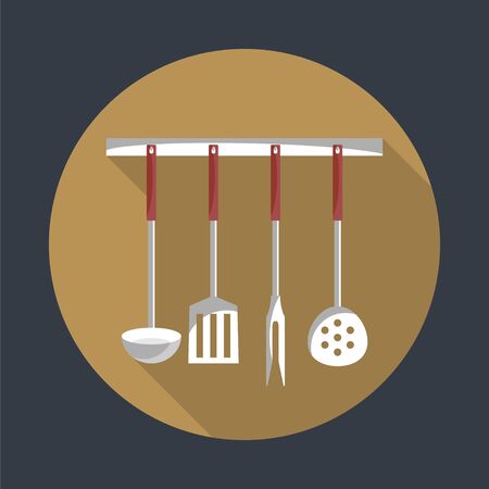 Kitchen tools on a hanger with long shadow. Simple flat vector round icon. EPS 10.のイラスト素材