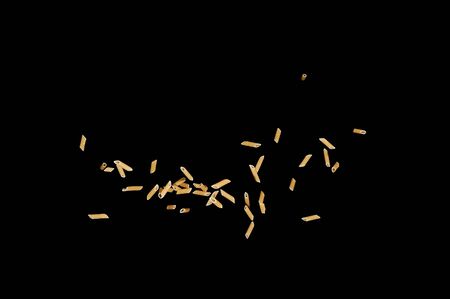 Flying pasta isolated on black background. Abstract macaroni falling.の写真素材